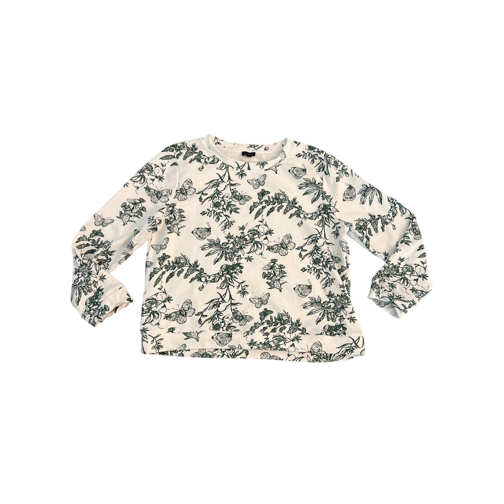 Talbots Womens XL White Green Butterfly Floral Toile Cotton Sweatshirt Pullover